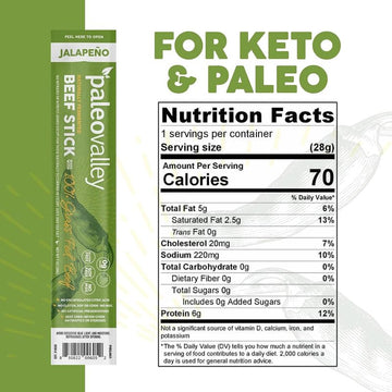 Paleovalley 100% Grass Fed Jalapeno Beef Sticks - Delicious Gluten Free Beef Snack - High Protein Keto Friendly