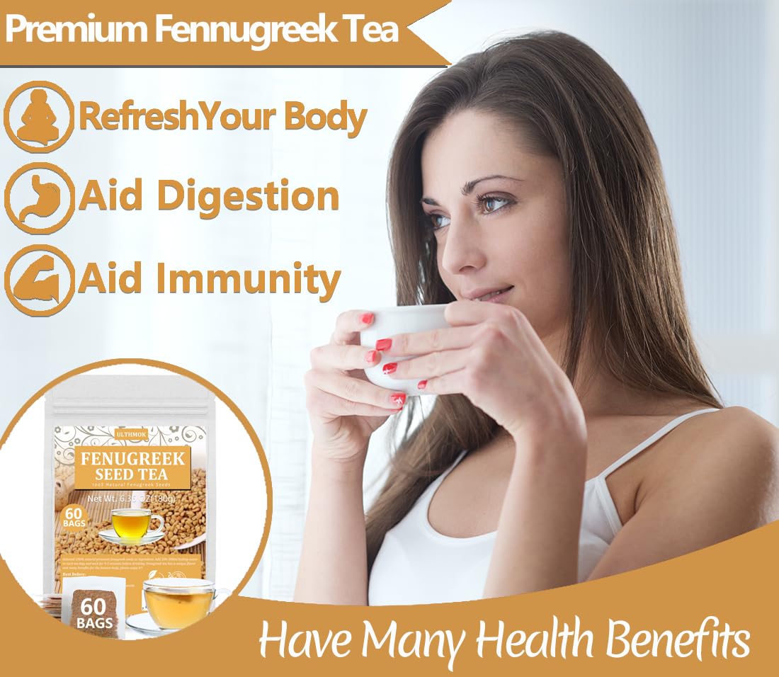 ULTHMOK Premium Fenugreek Tea Bags, 100% Natural, Caffeine Free, 60 Count Pack