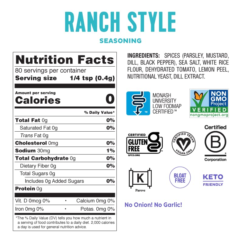 Fody Foods Ranch Seasoning, Flavorful Grilling Seasoning, Low Fodmap Certified, Sensitive Recipe, Gut & Ibs Friendly, 1.1 Ounce