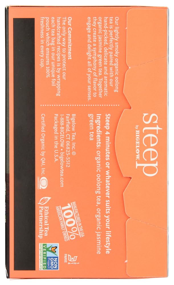 Steep Organic Oolong With Jasmine Green 20 Count Box, Certified Organic, Gluten-Free, Kosher Tea In Foil-Wrapped Bags
