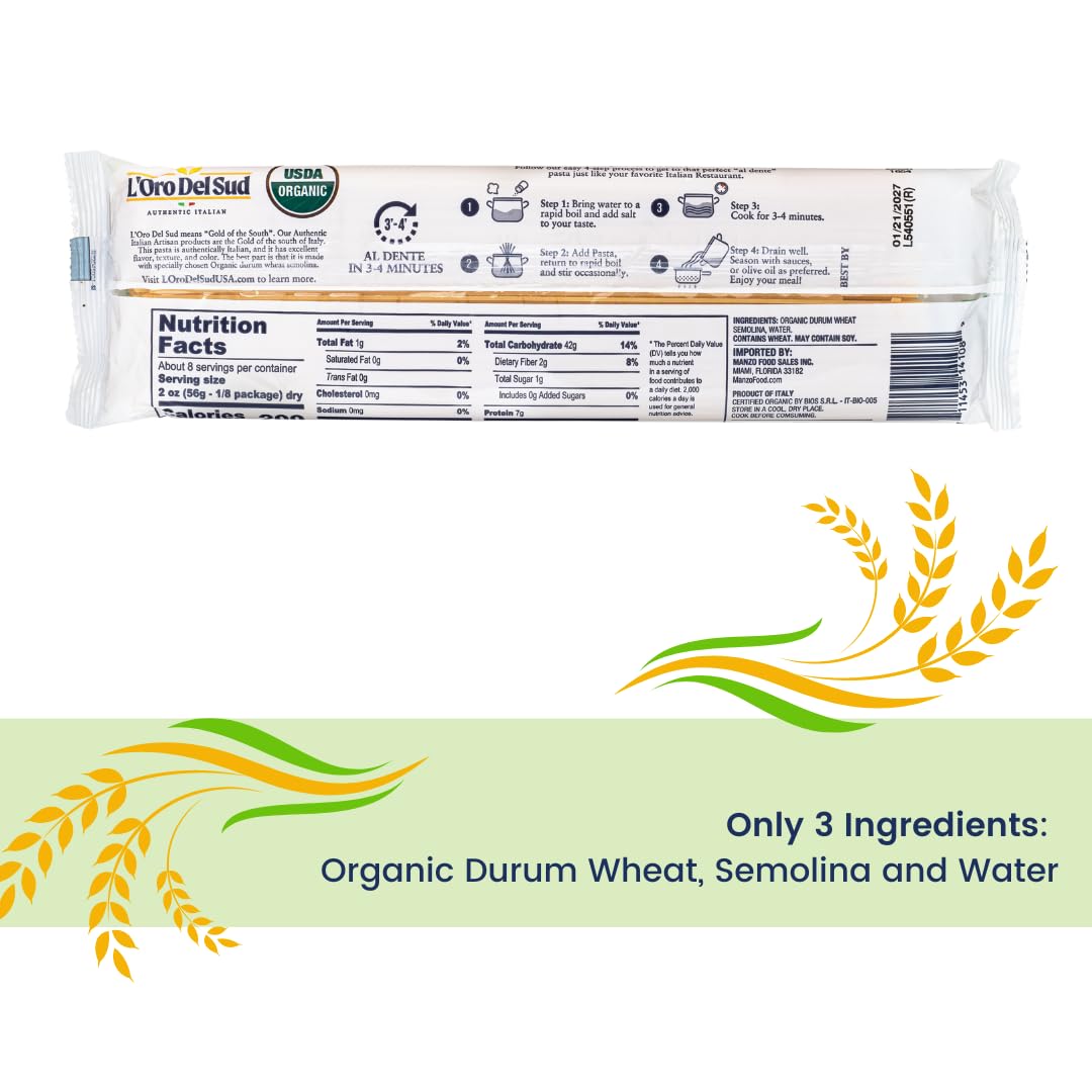 L'Oro Del Sud Organic Capellini, 100% Durum Wheat, Italian Pasta, Premium Quality Product Of Italy (4 Pack X 16 Oz) Non Gmo, Veg