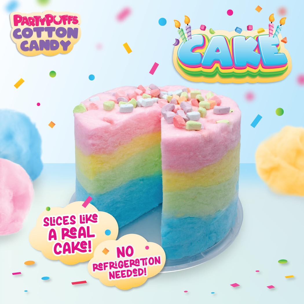 PartyPuffs Cotton Candy Cake - 4 Servings - Sliceable Celebration Cake With Strawberry  Blue Raspberry  Lemon & Green Apple Flavors - Fun Party Dessert With Crunchy Marshmallow Bits - Gluten-Free Treat & Made in USA - 4oz