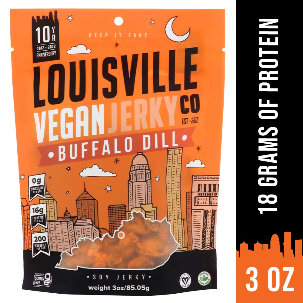 Louisville Vegan Jerky Buffalo Hot Wing - Gluten-Free High Protein Snack - 1-Pack - 280 Calories - Non-GMO Soy Protein - Silver