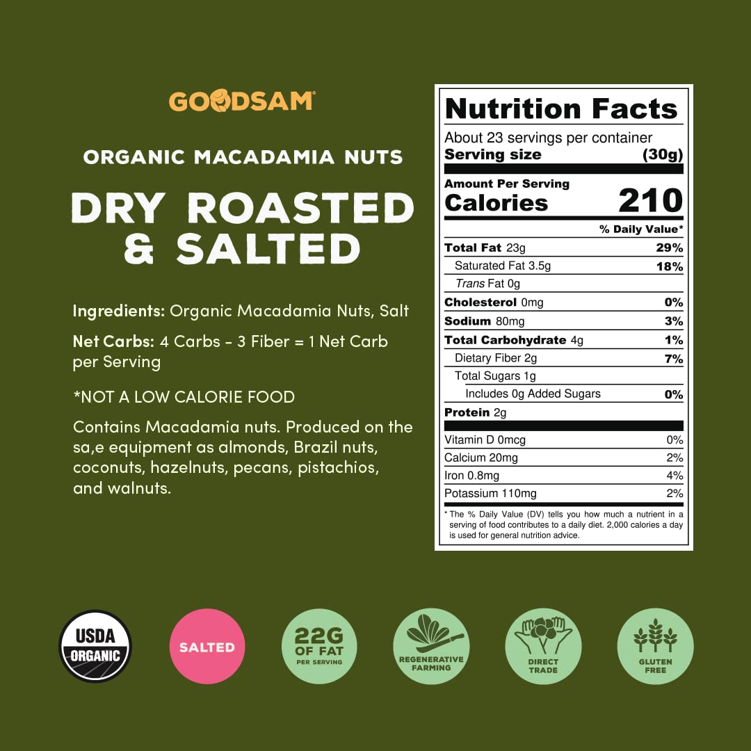GoodSAM Organic Roasted Macadamia Nuts 1.5lb, Salted, Gluten Free, Non GMO, Vegan, Keto, Regenerative Farming, Direct Trade