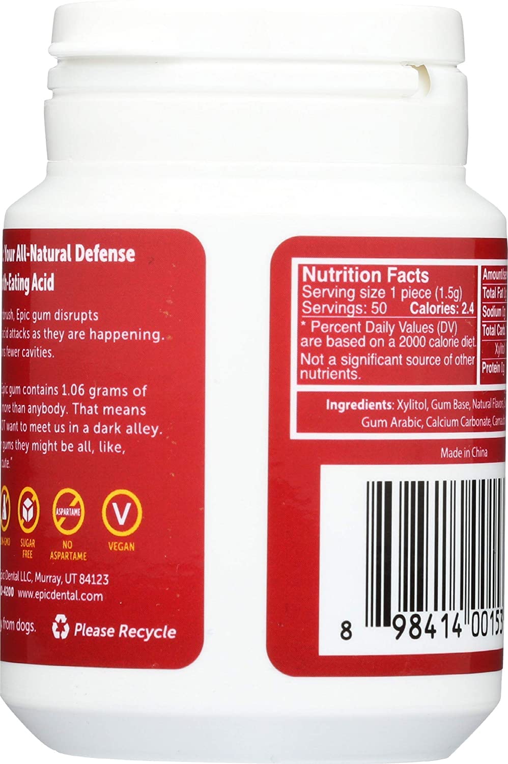 Epic Dental Cinnamon Gum Bottle, 50 Ct