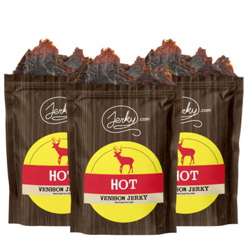 Jerky.com's Exotic Hot Venison Jerky - Wild Game Meat Snacks, Exotic Snacks, High-Protein, All-Natural, No Added Preservatives -