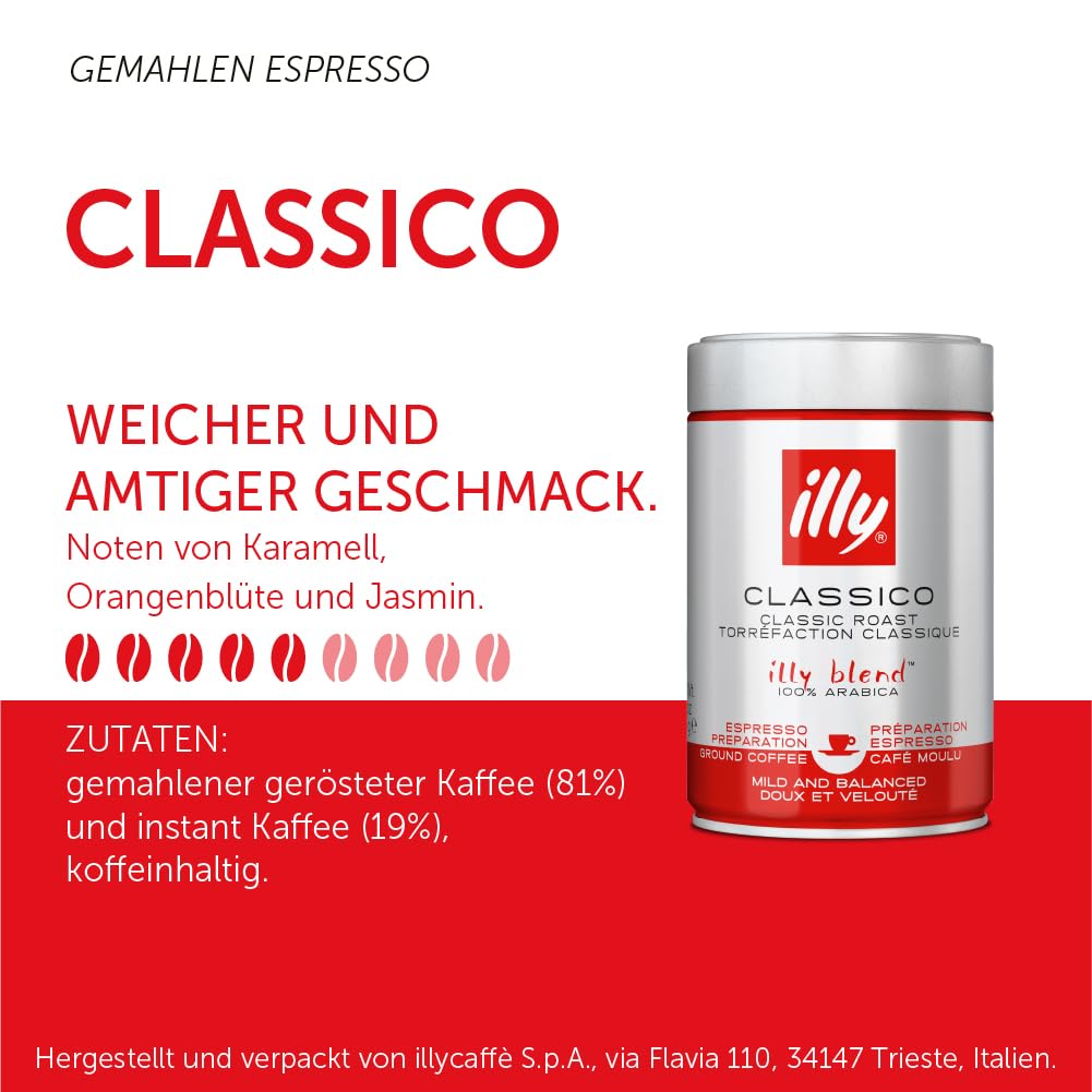 illy Ground Coffee Espresso - 100% Arabica Coffee Ground - Classico Medium Roast - Notes of Caramel, Orange Blossom & Jasmine -