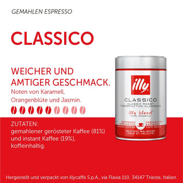 illy Ground Coffee Espresso - 100% Arabica Coffee Ground - Classico Medium Roast - Notes of Caramel, Orange Blossom & Jasmine -