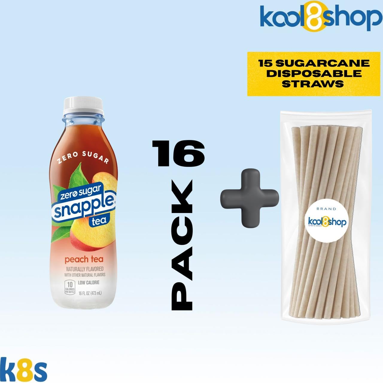 Snapple Zero Sugar Peach All Natural Iced Tea 16 Fl Oz Plastic Bottles 16 Pack + 15 Sugarcane Disposable Straws By Kool8Shop Inf