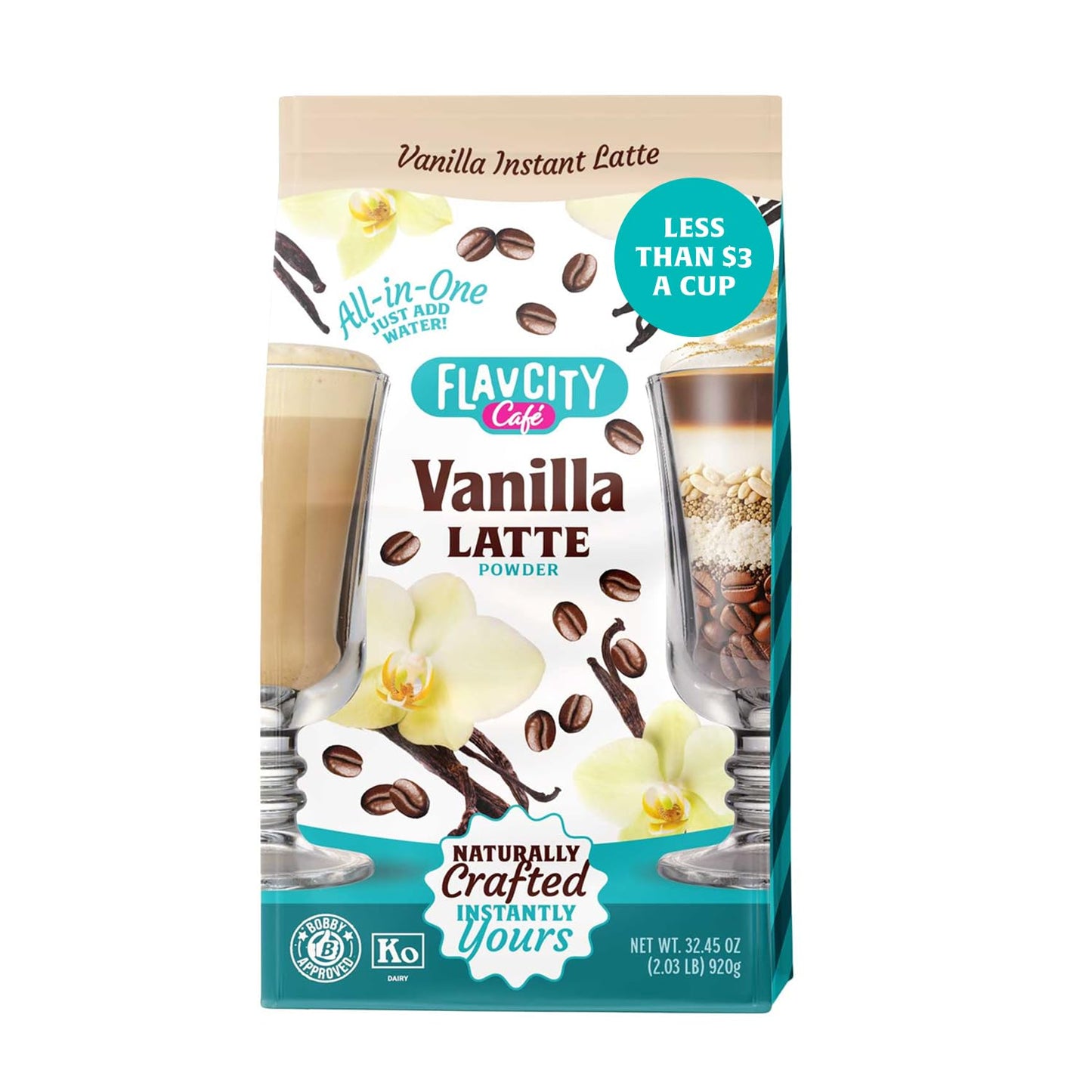 FlavCity Caf? Vanilla Latte - Flavored Instant Coffee Powder Mix with Grass-Fed Whole Milk & Real Vanilla - Instant Latte Made from Real Ingredients - All In One  Just Add Water (20 Servings)