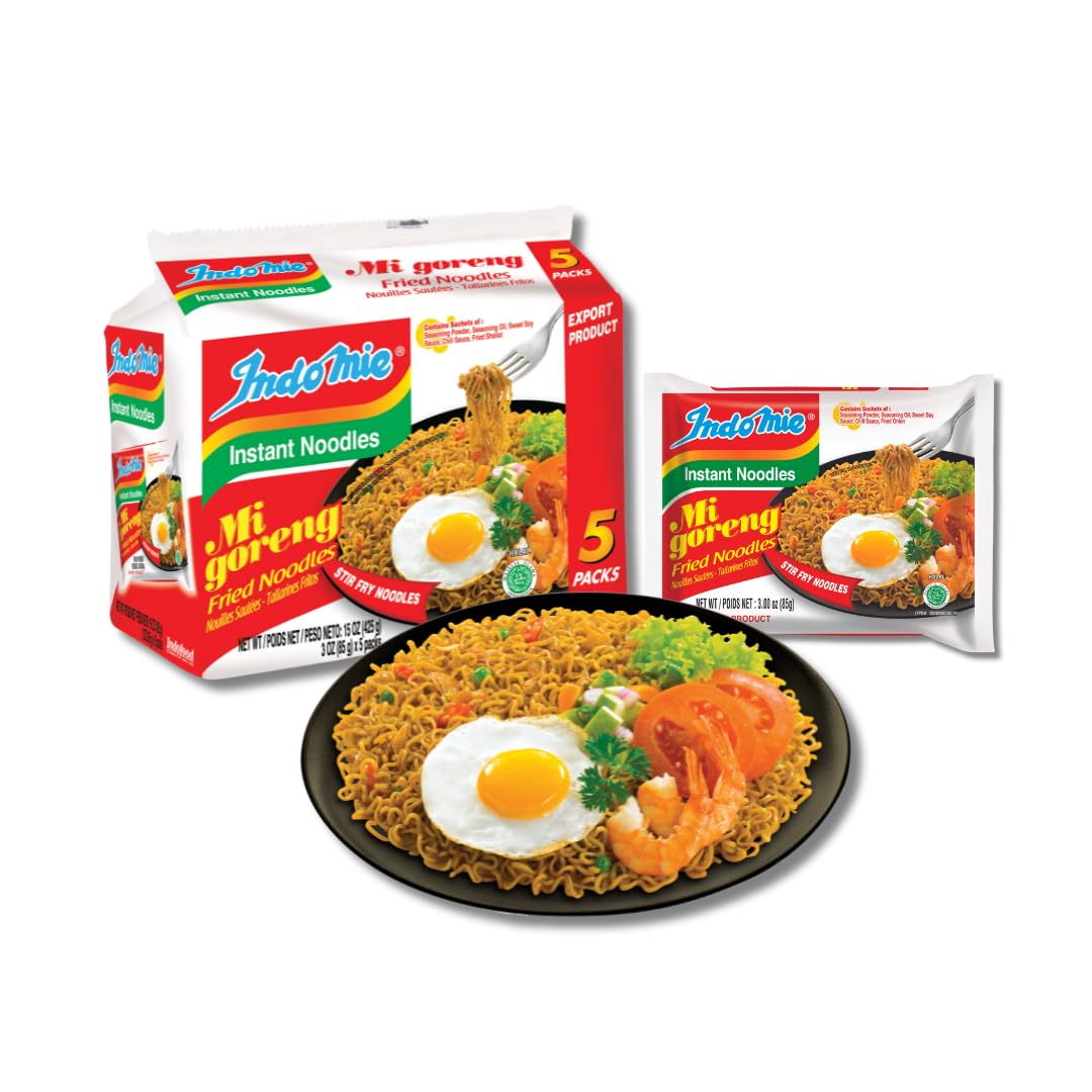 Indomie Mi Goreng Instant Noodles, Halal, 60 Pack – 30 Original + 30 Hot N Spicy Flavor, Stir Fry Style (Pack Of 60)