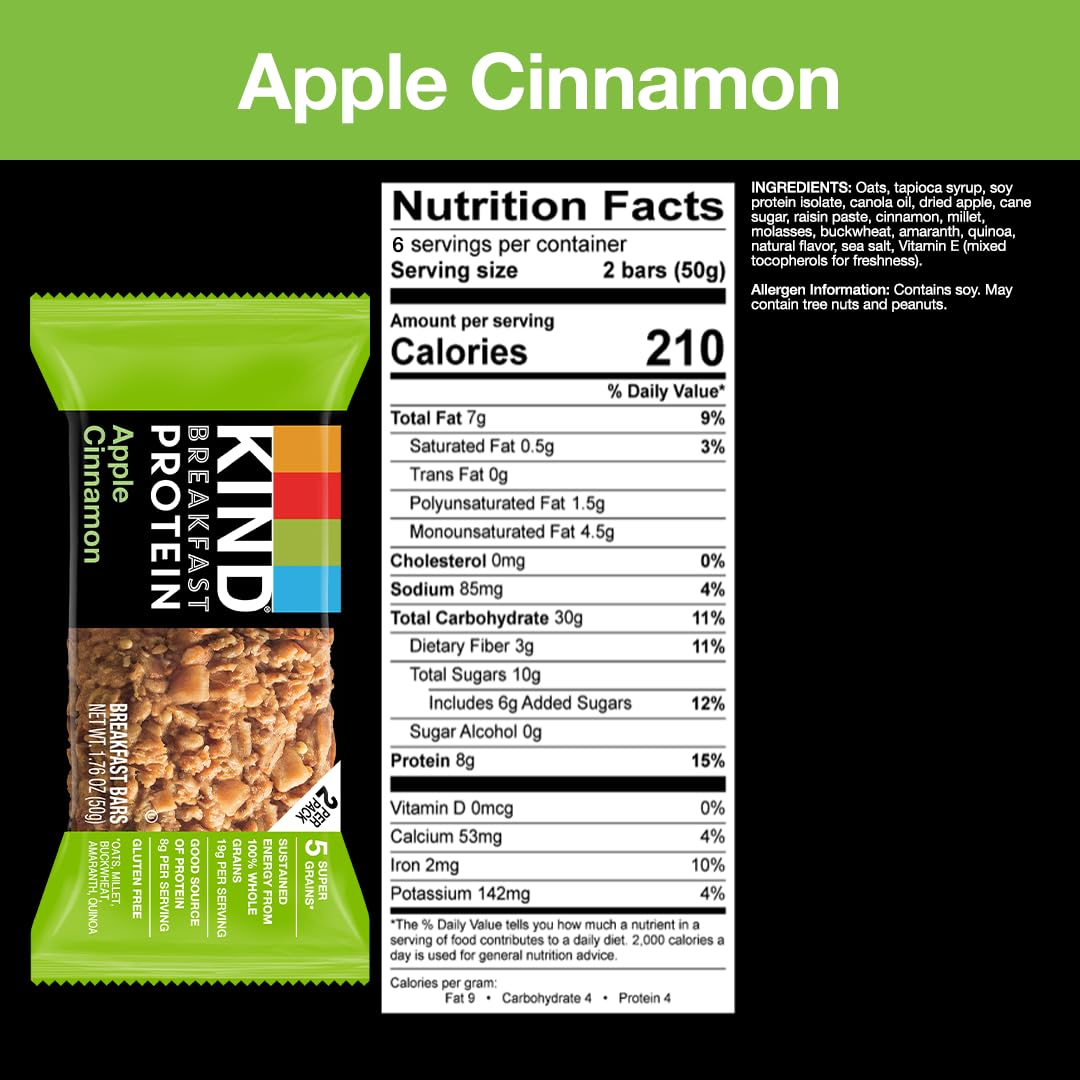 KIND Breakfast Protein Bar, Apple Cinnamon, Gluten Free, 8g Protein, 1.76oz, Pack of 30