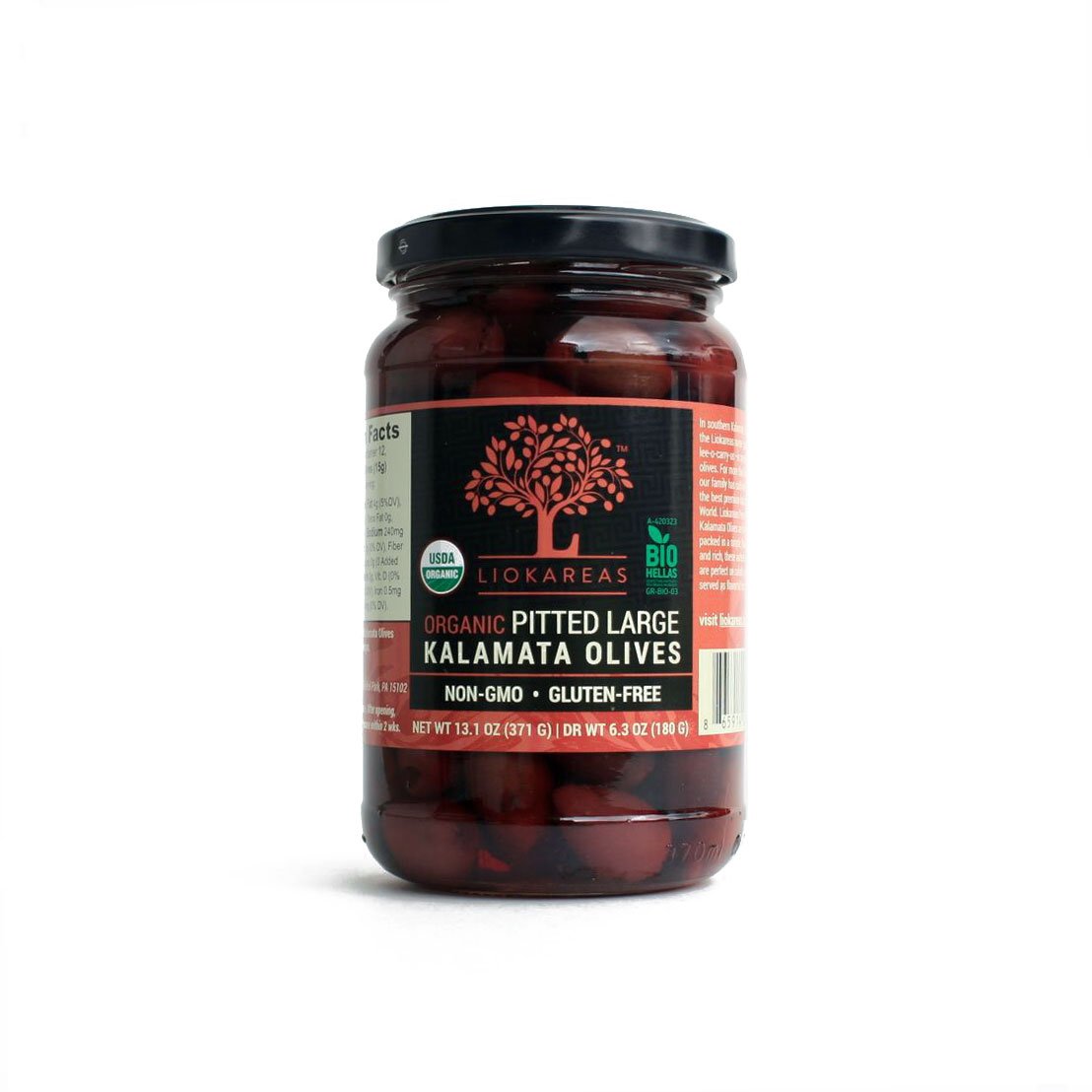 Liokareas Organic Black Kalamata Olives - Pitted, Non-GMO, Gluten Free - 13.1 oz - Product of Greece