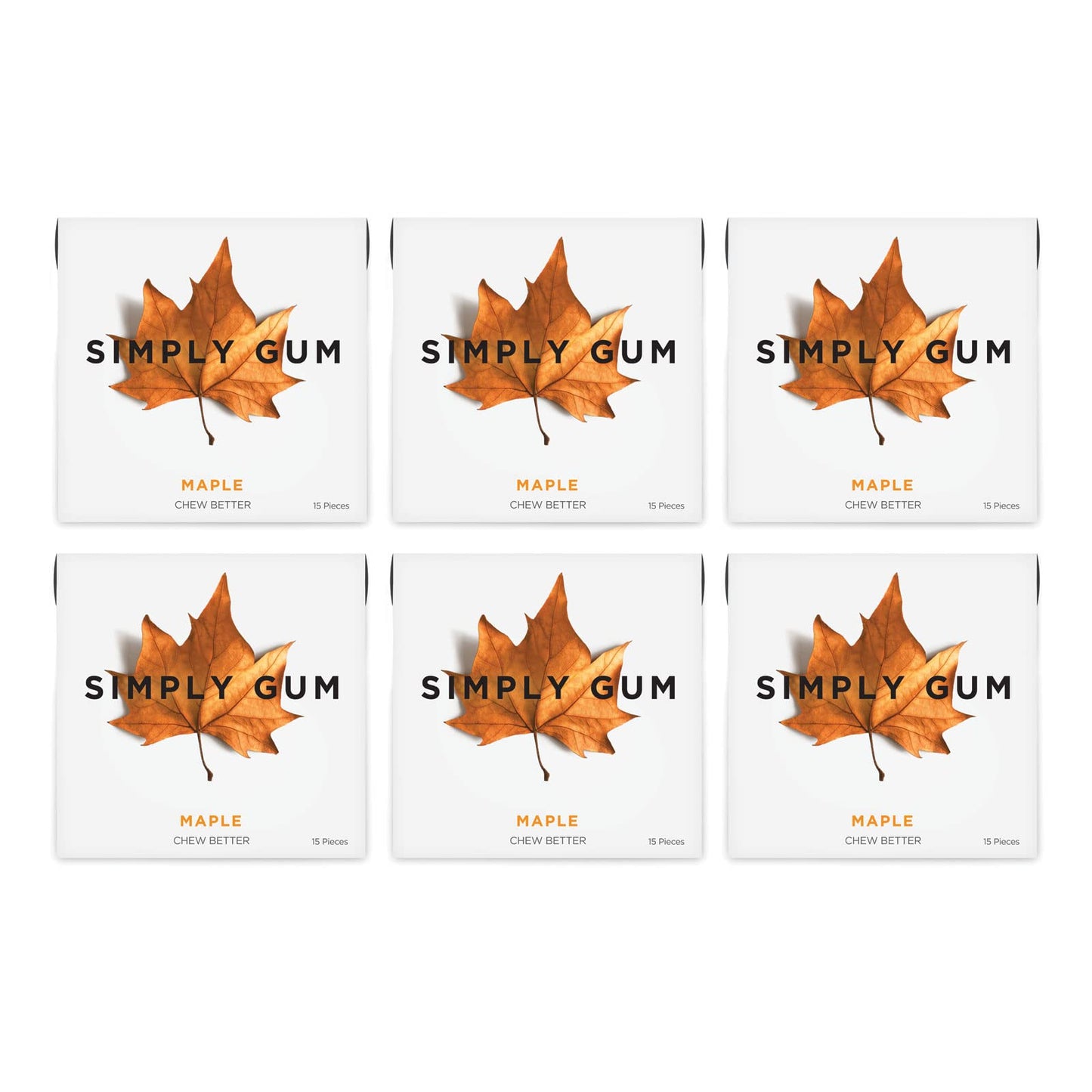SIMPLY Gum Maple, Plastic-Free Natural Chewing Gum, 6 Pack (90 Pieces) | Vegan, Kosher, Non GMO, Aspartame Free and Sorbitol Fre