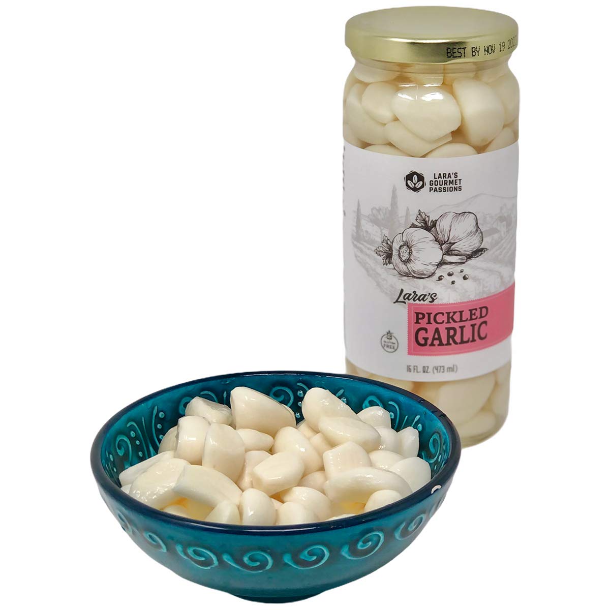 Laras Gourmet Passions Pickled Garlic - Crunchy Cloves in Jar, 16 fl oz, White