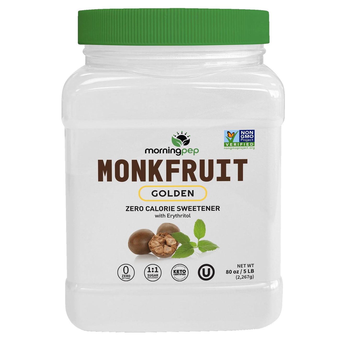 Morning Pep Monk Fruit Sweetener  golden Sugar Substitute  5 lb  Keto Friendly  1:1 Sugar Replacement  Zero Calorie  Non-GMO  Kosher  Golden - 5 lb