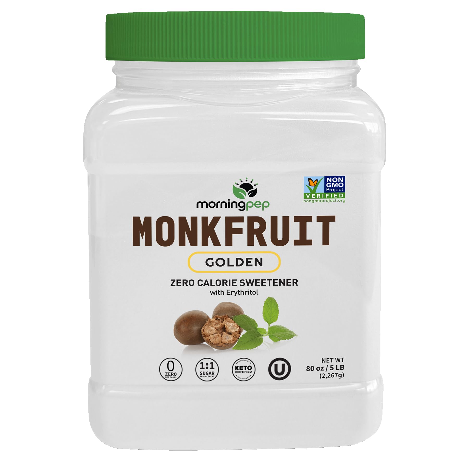 Morning Pep Monk Fruit Sweetener  golden Sugar Substitute  5 lb  Keto Friendly  1:1 Sugar Replacement  Zero Calorie  Non-GMO  Kosher  Golden - 5 lb