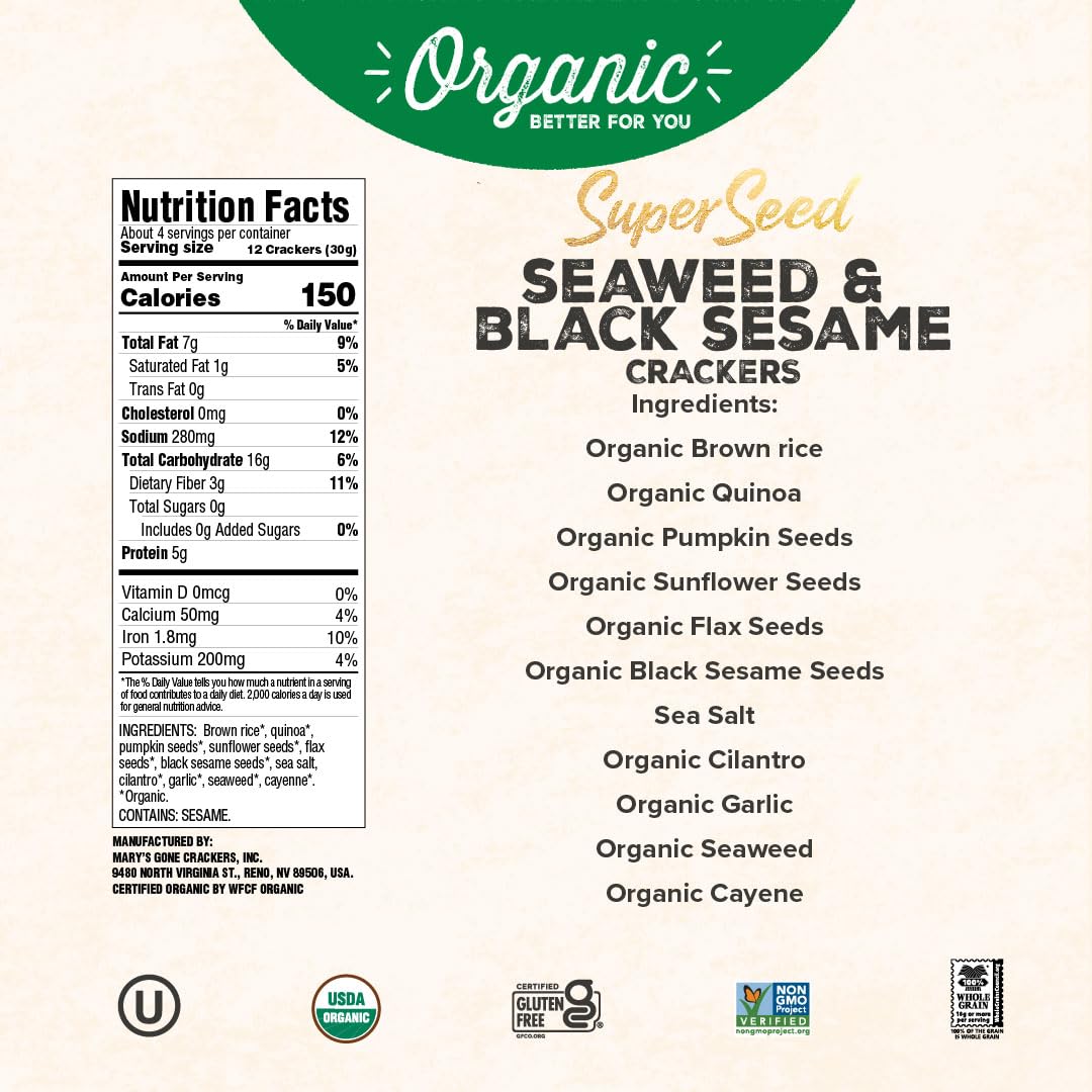 Marys Gone Crackers Super Seed Crackers, Seaweed & Black Sesame, 4 Ounce (Pack of 1), Organic Plant Based Protein, Gluten Free