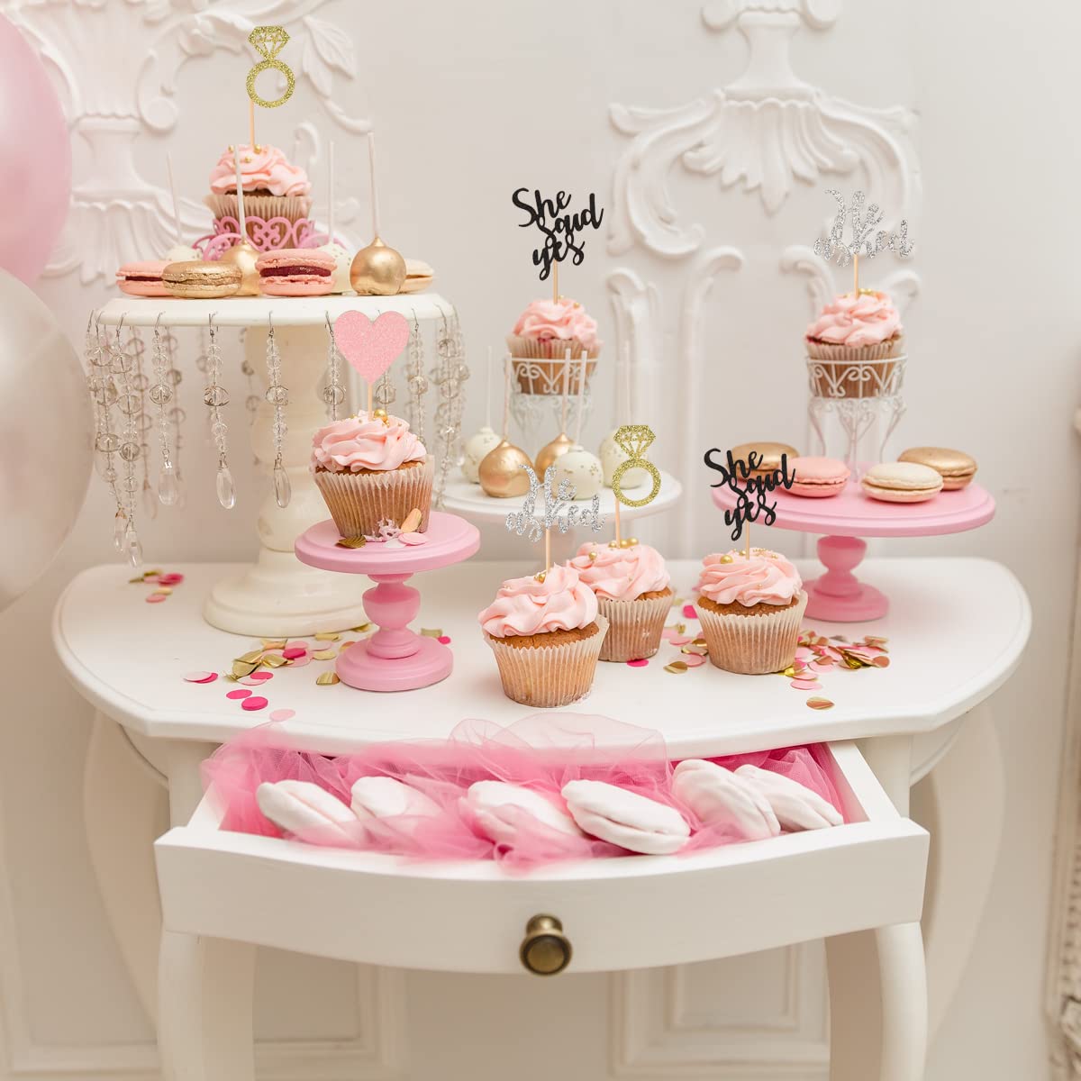 Donoter 24 Pieces Engagement Cupcake Toppers He Asked She Said Yes Diamond Ring Heart Cupcake Picks For Wedding Bridal Shower Pa