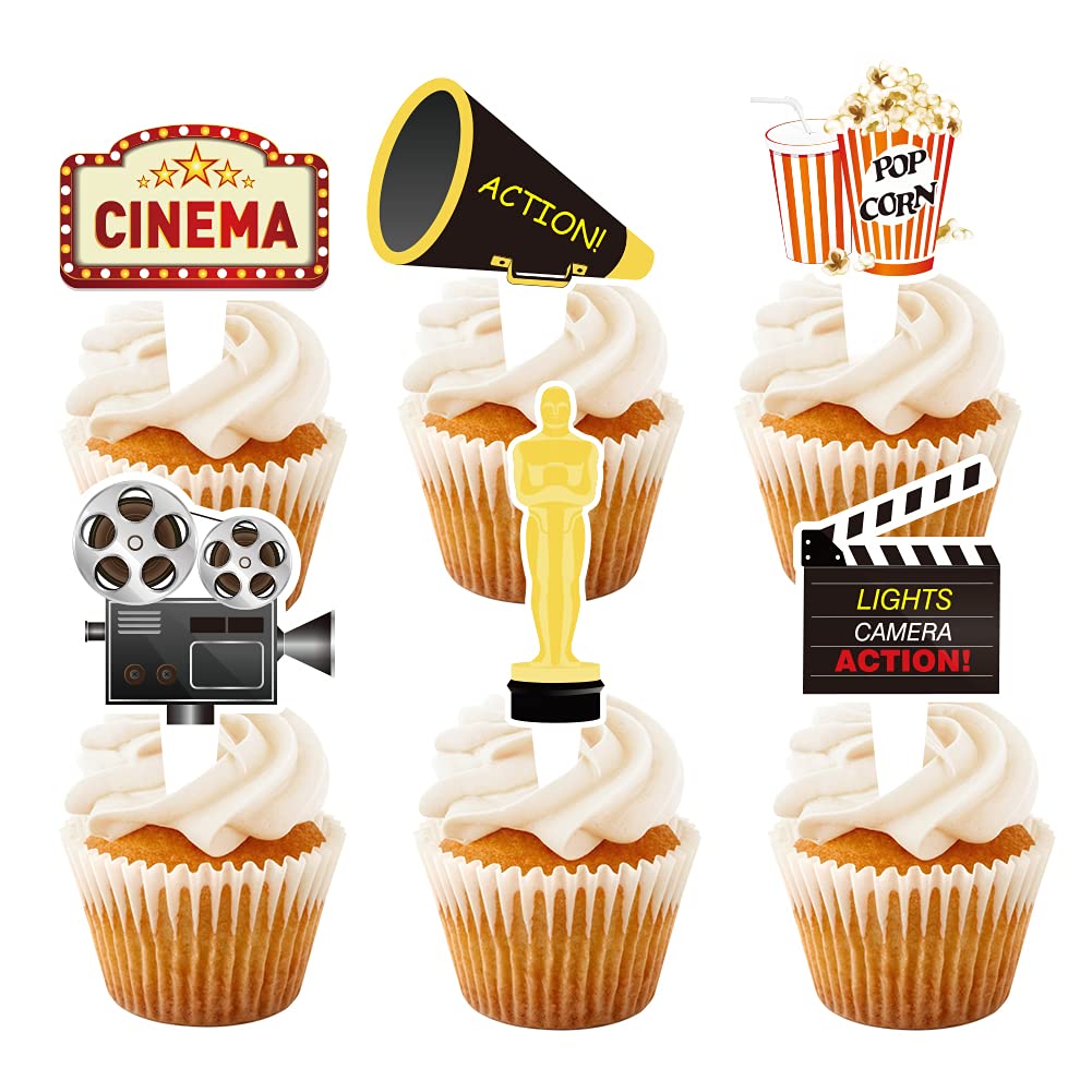 24 Pcs Movie Night Themed Cupcake Toppers For Birthday Party Decorations, Cinema Themed Party Supplies, Cinema Sign
