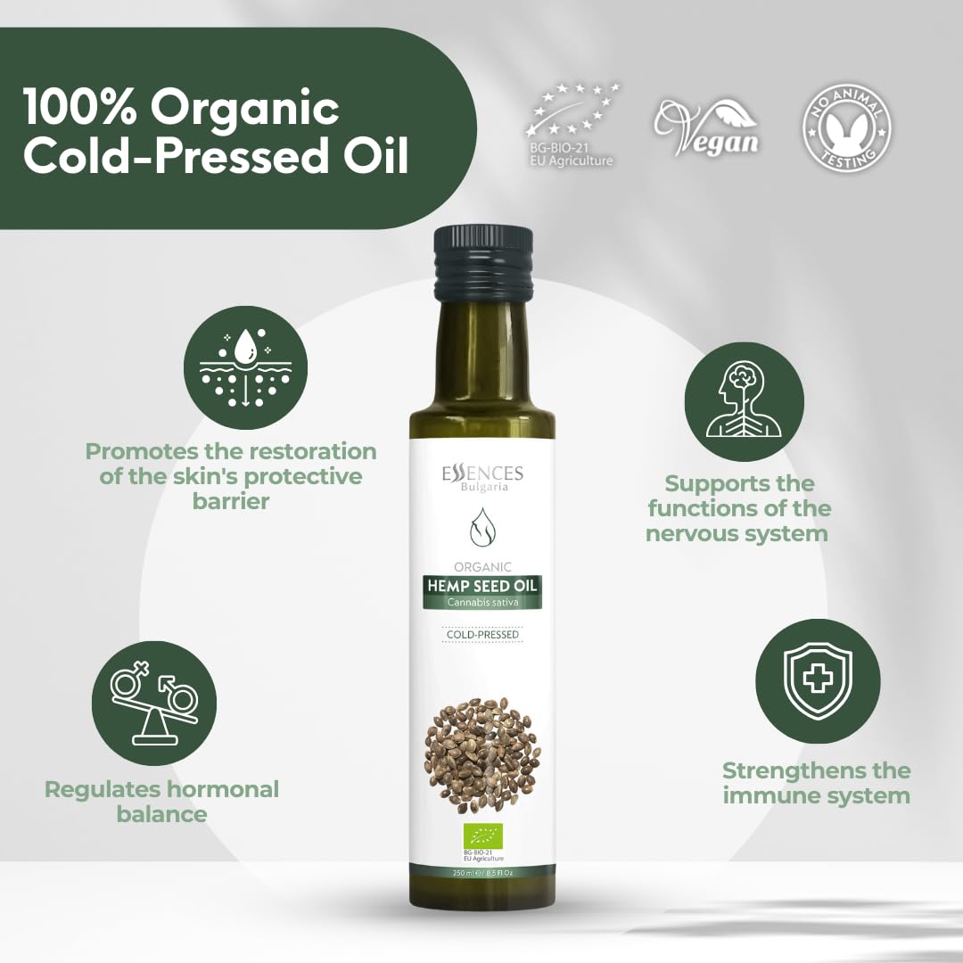 Essences Bulgaria Organic Hemp Seed Oil, 100% Natural Cold-Pressed, 8.5 Fl Oz (250ml), Non-GMO, Vegan, Model 1663