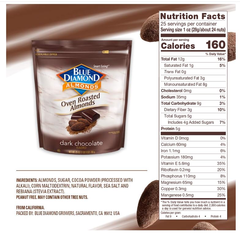 Blue Diamond Almonds Oven Roasted Dark Chocolate Flavored Snack Nuts, 25 Oz Resealable Bag (Pack Of 1)