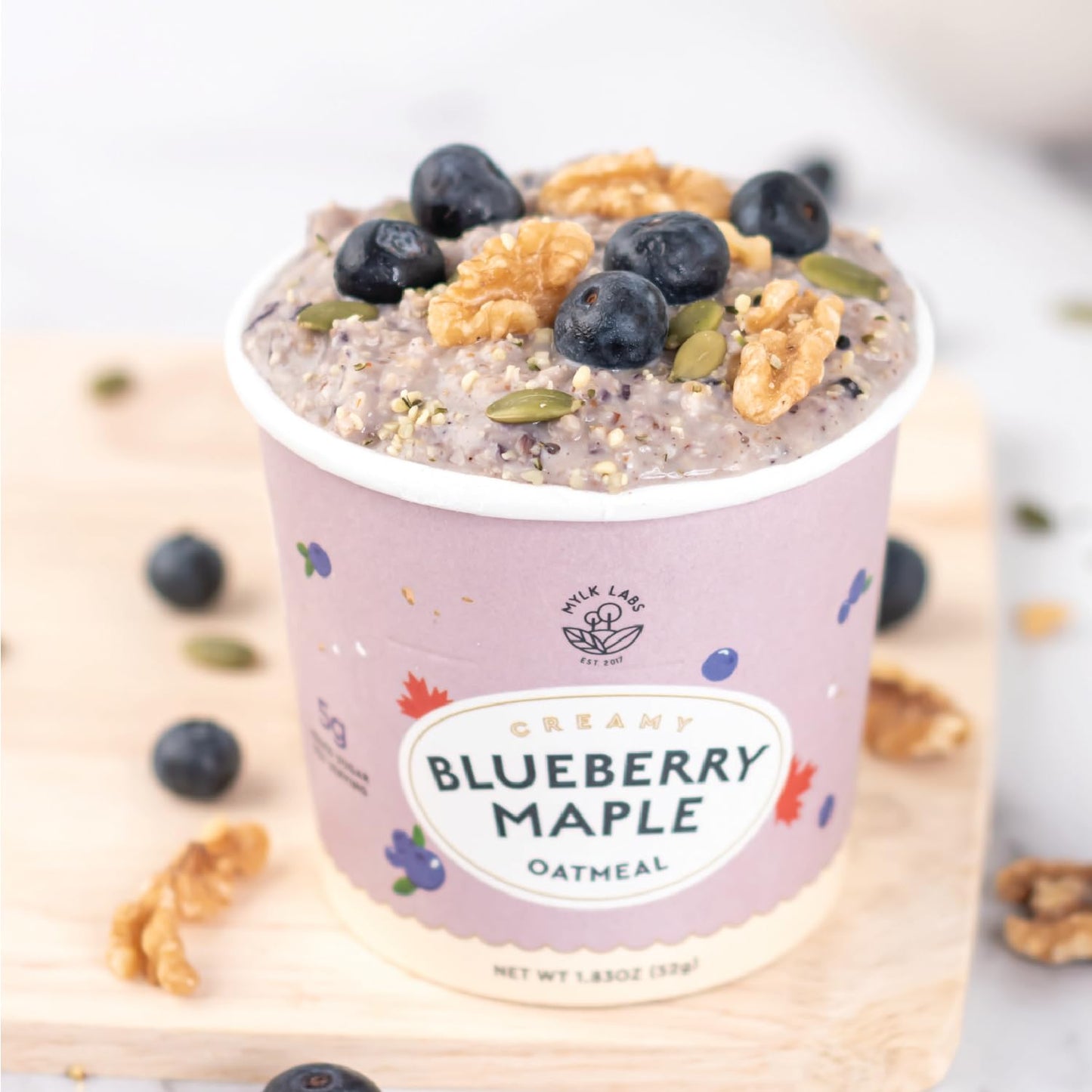 Mylk Labs - Maple Blueberry Instant Oatmeal Cups - Gluten Free, High Fiber, High Protein, Non GMO, Low Sugar, Quick Breakfast Oa