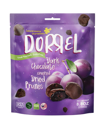 Dorrel Dark Chocolate Covered Dried Prunes - Nutritious and Sweet Snacks - Organic, Vegan - Natural Probiotic - Non-GMO - Kosher