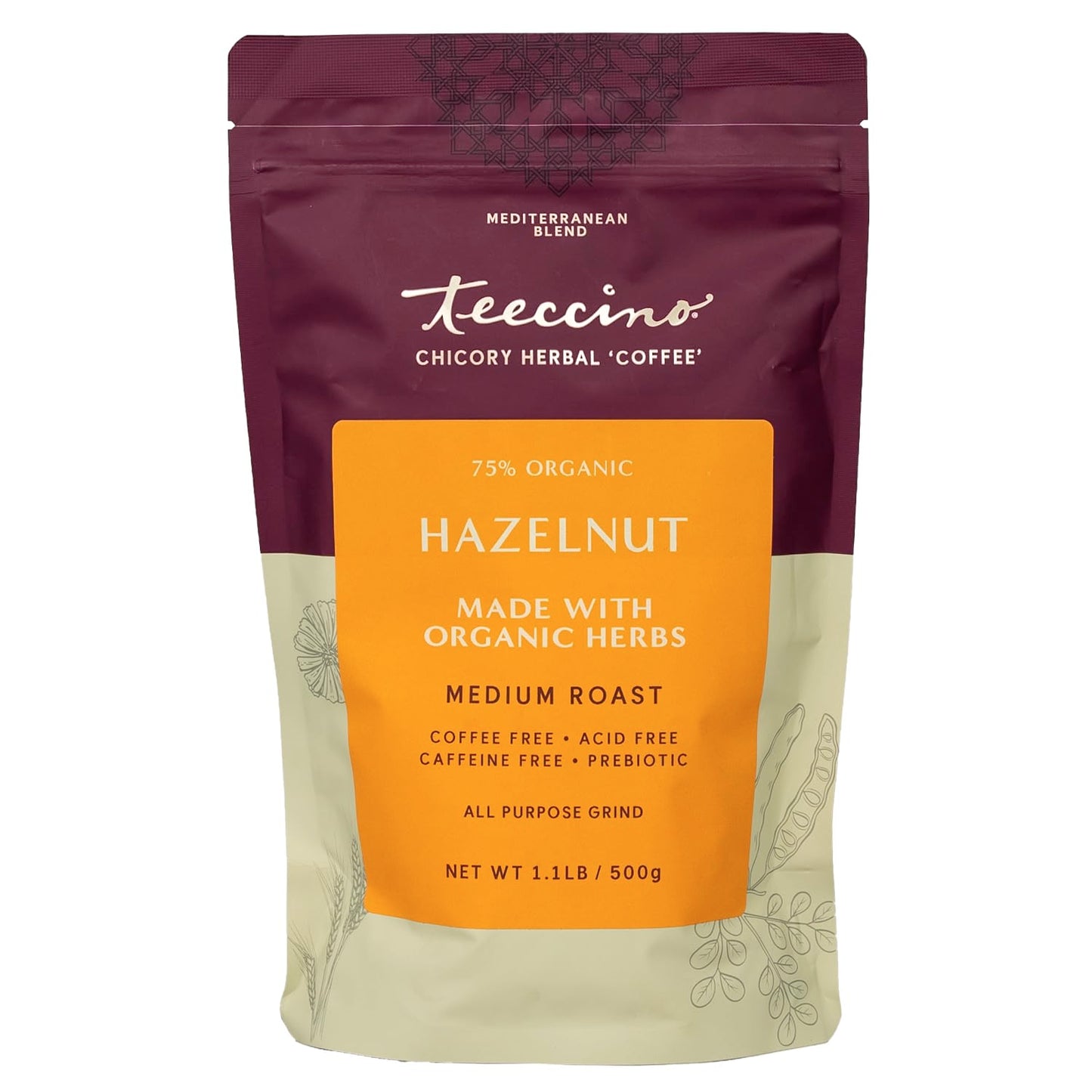 Teeccino Hazelnut Ground Coffee Alternative, Caffeine Free, Medium Roast, 1.1 Pound