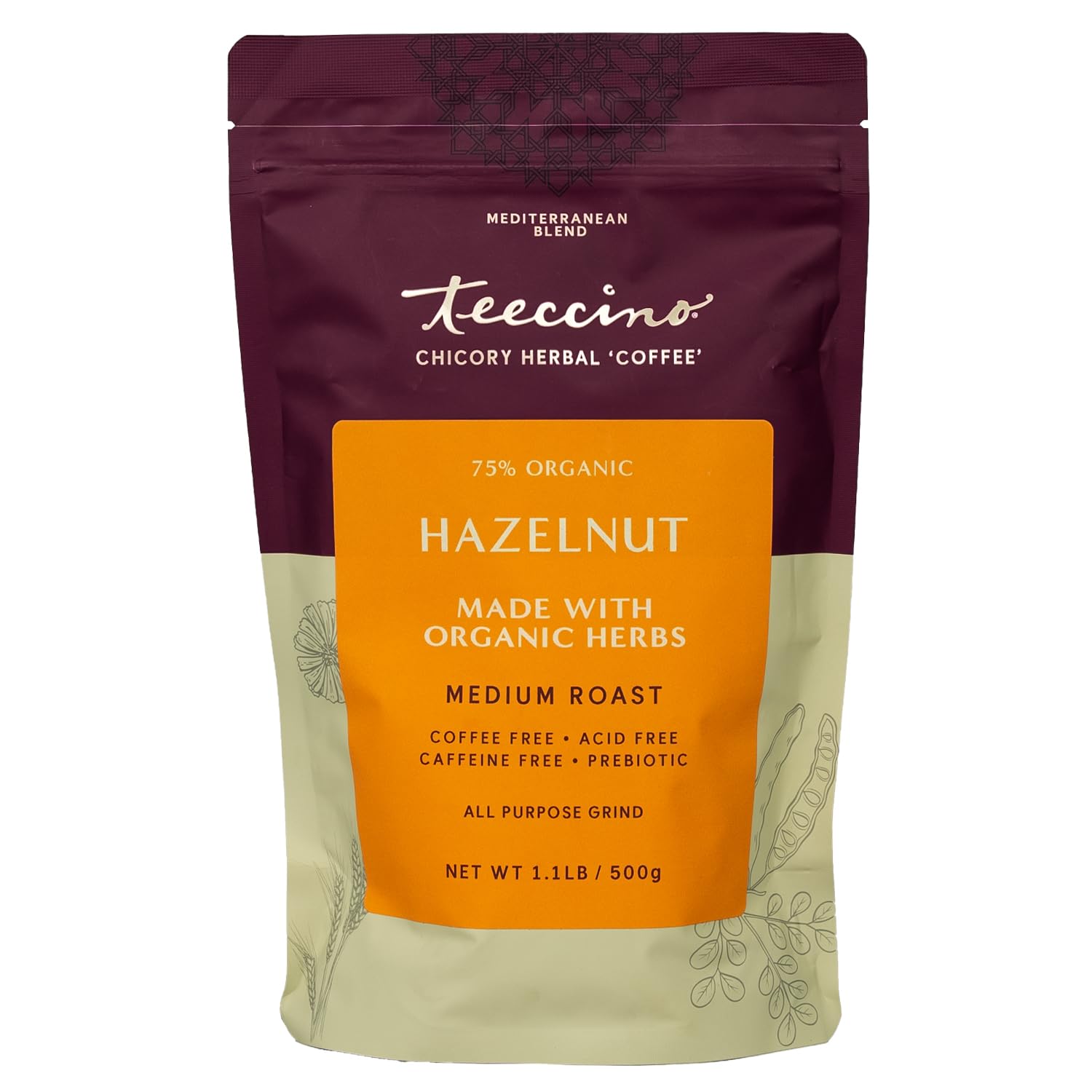 Teeccino Hazelnut Ground Coffee Alternative, Caffeine Free, Medium Roast, 1.1 Pound