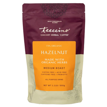 Teeccino Hazelnut Ground Coffee Alternative, Caffeine Free, Medium Roast, 1.1 Pound