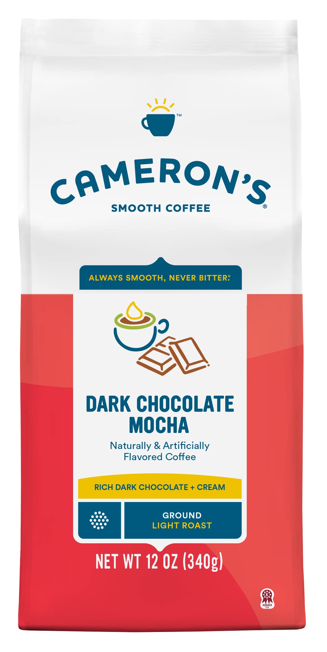Camerons Coffee Dark Chocolate Mocha Flavored Ground Coffee, Light Roast, 12 Ounce Bag