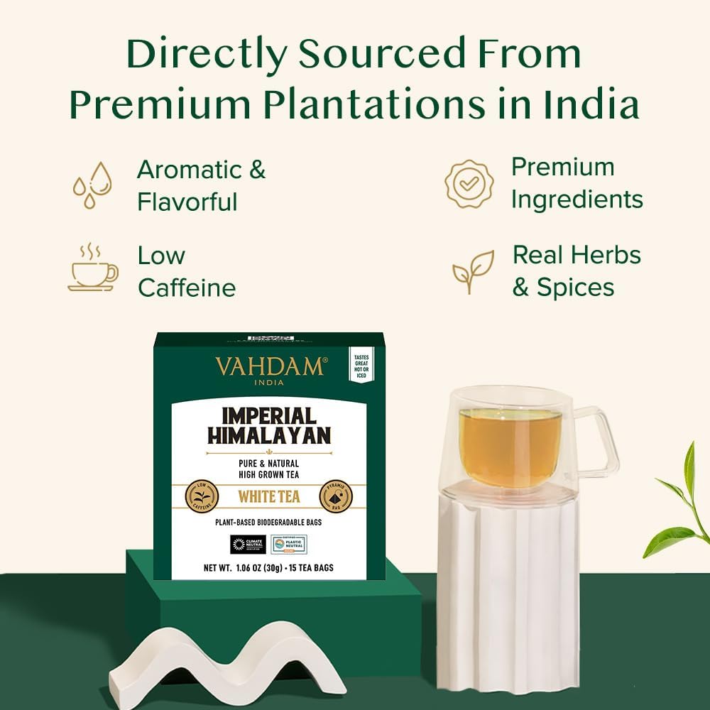 VAHDAM Imperial Himalayan White Tea Bags, Low Caffeine, Non-GMO, Gluten-Free, 15 Count, Off-white, Individually Wrapped Pyramid Bags