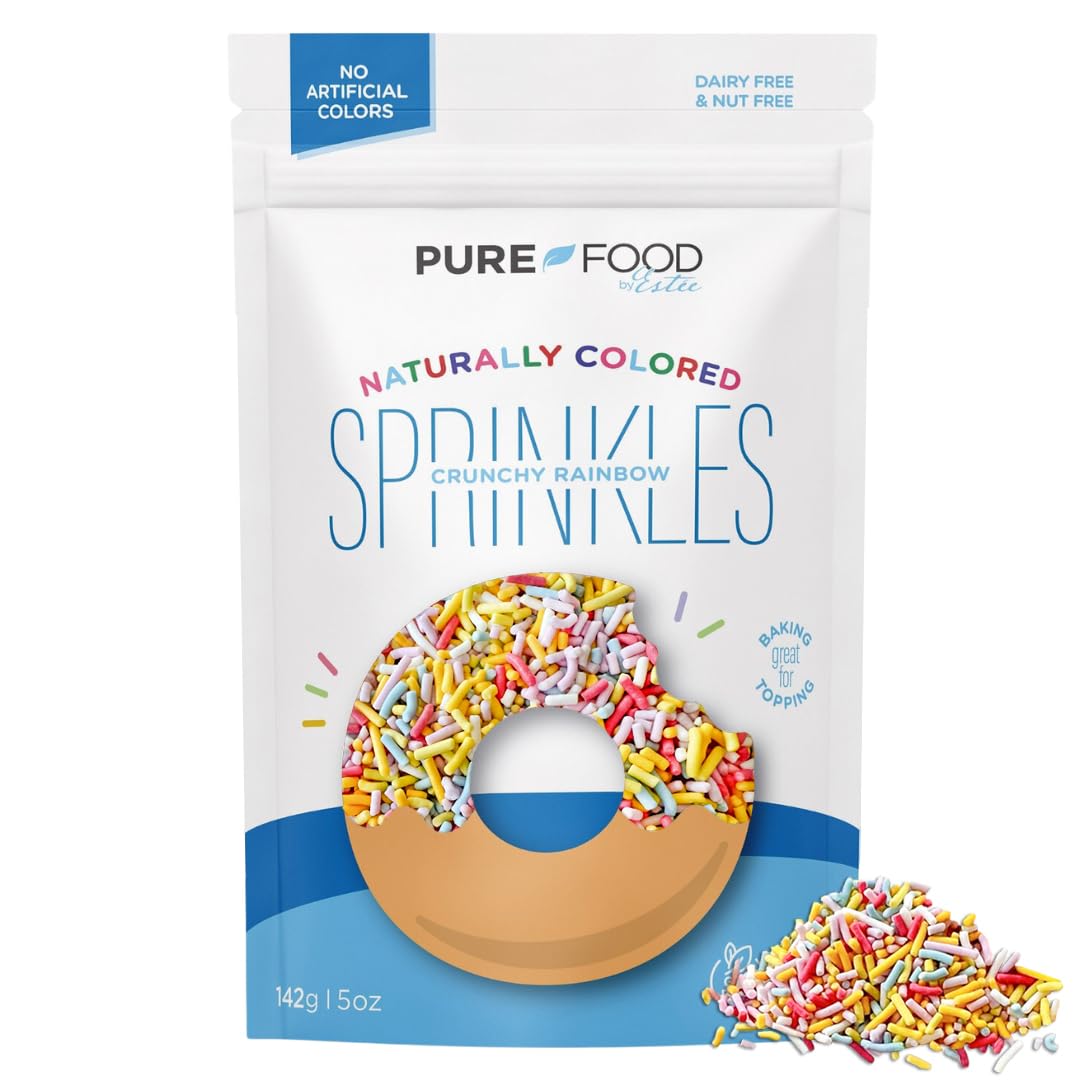 Pure Food By Estee Natural Rainbow Color Sprinkles, 5oz | Vegan Sprinkles for Ice Cream | Dye Free | Rainbow Jimmies for Baking 