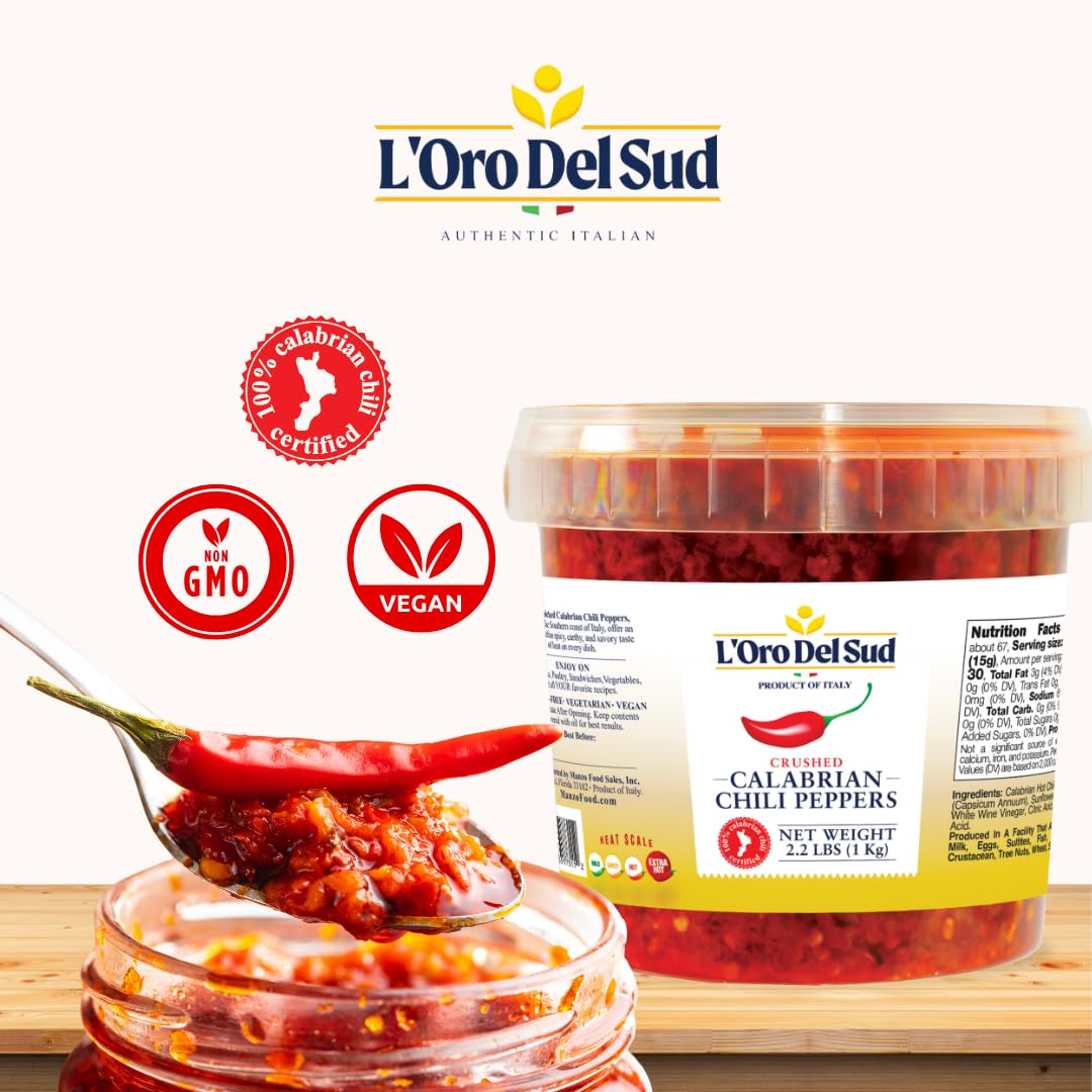 Crushed Calabrian Chili Peppers Paste, 2.2 Lb (1 Kg) Spread, Chopped, Grown And Packed In Calabria Italy, Authentic Italian, Spi