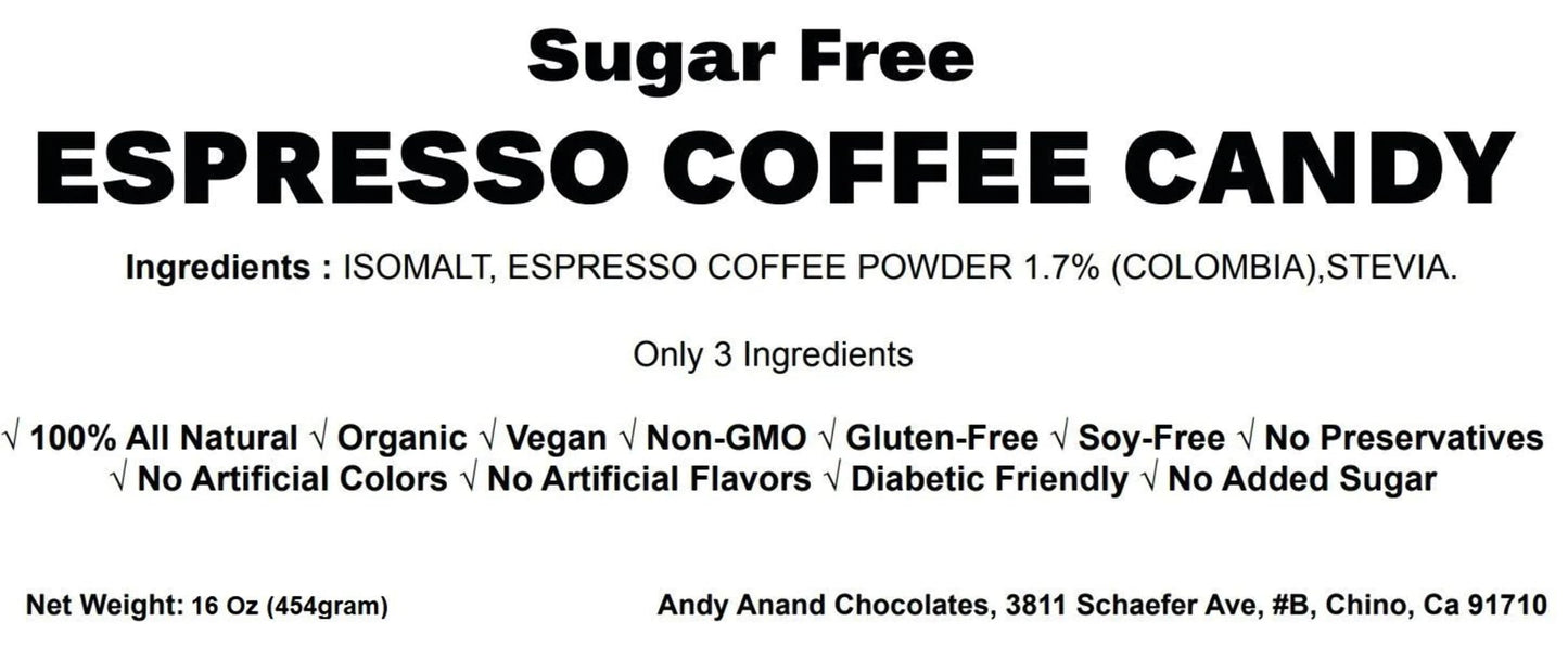 Andy Anand 130 Pc Sugar Free Espresso Coffee Candy, Made With Real Coffee, Only 3 Ingredients, Sweetened With Natural Stevia, Ma