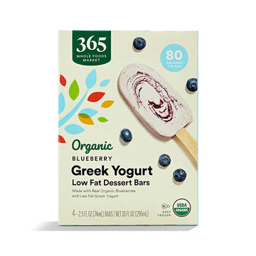 365 by Whole Foods Market, Organic Greek Yogurt Blueberry Low Fat Dessert Bars, 2.5 fl oz, 4 ct, (Frozen)