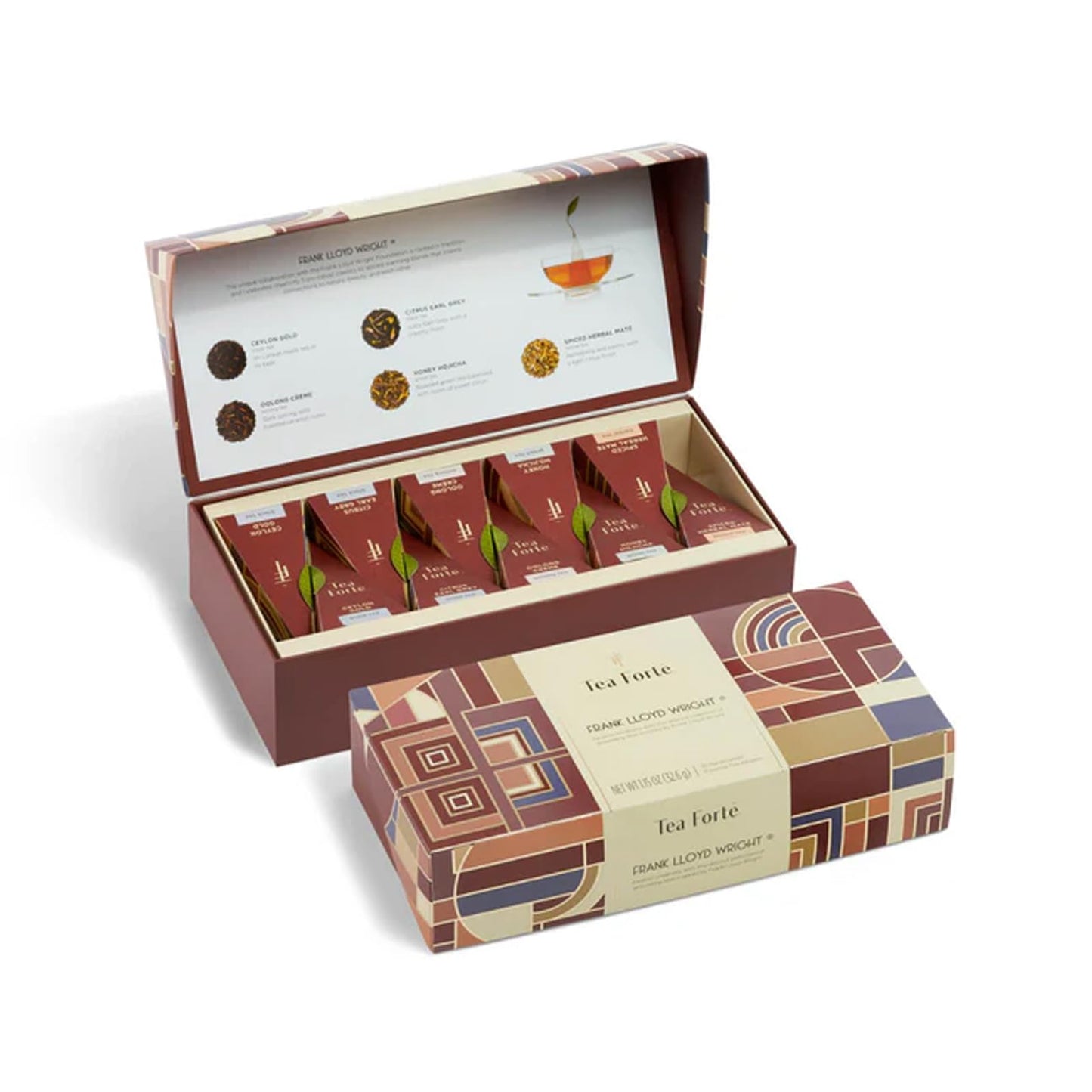 Tea Forte Frank Lloyd Wright, Petite Presentation Box Tea Sampler Gift Set With 10 Handcrafted Pyramid Tea Infusers