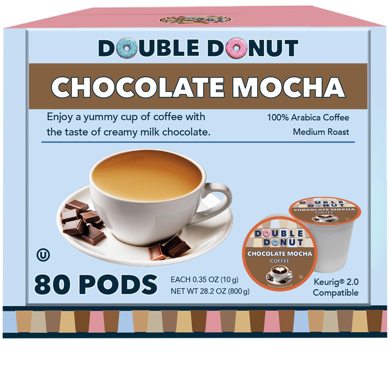 Double Donut Coffee Pods, Chocolate Flavor, Medium Roast, 80 Count, Compatible with Keurig K Cup Brewers