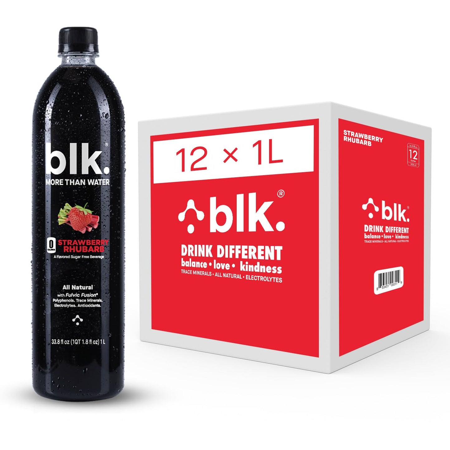 blk. Natural Alkaline Mineral Water, Electrolyte Infused, Strawberry Rhubarb Flavor, 1 Liter, Pack of 12