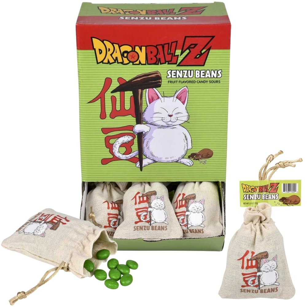 Boston America Dragonball Z Senzu Beans Candy 1 Collectible Korin Drawstring Bag Sour Green Apple Flavored Candy Green, Brown 2 Ounce (Pack Of 1)