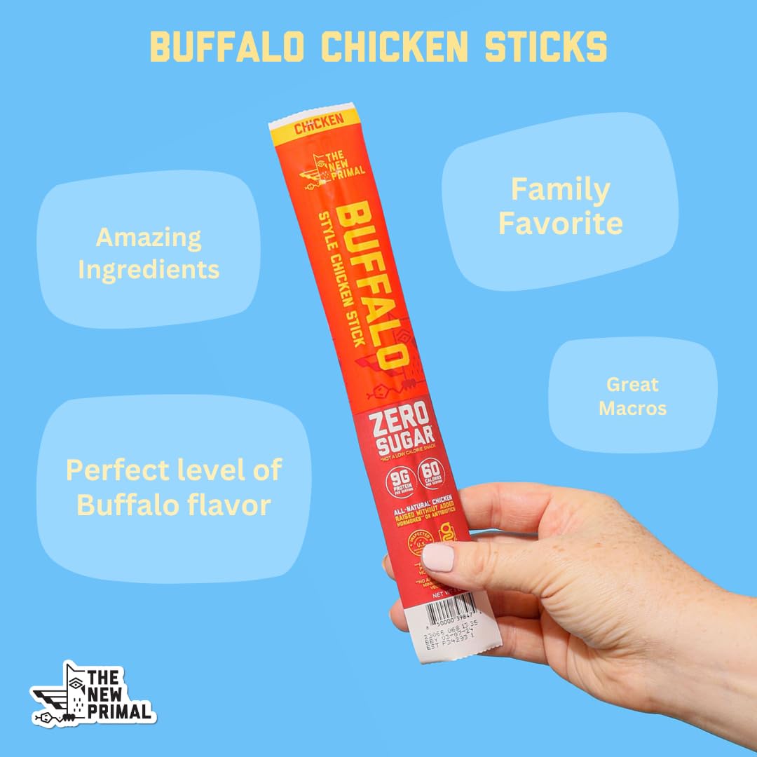 New Primal Buffalo Chicken Sticks, Keto, Gluten Free Healthy Snacks, Sugar Free Low Carb High Protein, Jerky Meat Stick, 9G Prot