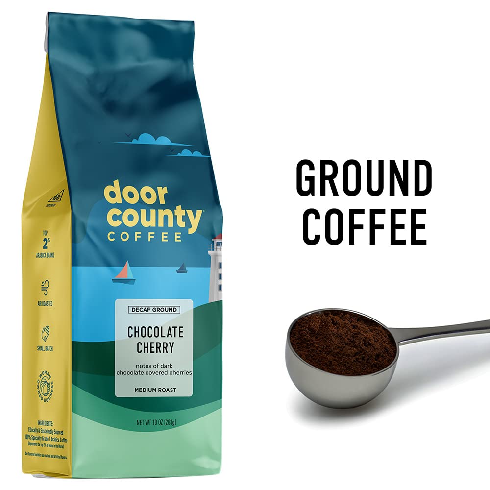 Door County Chocolate Cherry Decaf - Ground, Medium Roast - 100% Arabica - Flavored Coffee, 10oz Bag