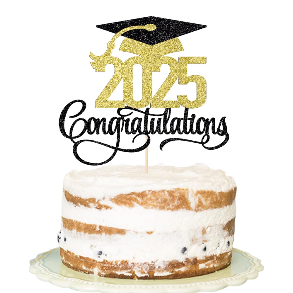 Florcmet Graduation Cake Topper, Black Gold Glitter, 5.1 x 6.5 inches, 2025 High School/College/Senior Decor
