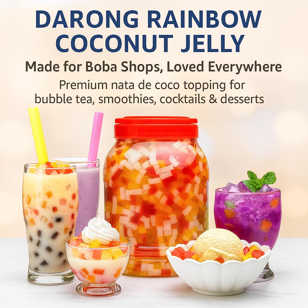 Darong Coconut Jelly Topping Nata De Coco For Bubble Tea 8.4 Lb | Rainbow Jelly | For Boba Tea, Smoothies, Slushes, Desserts | 8