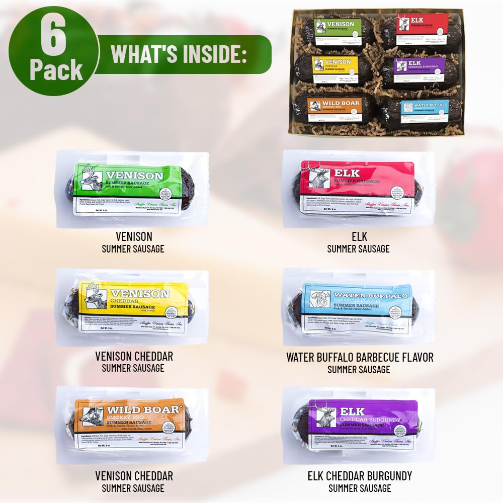 Shaffer Venison Farms Summer Sausage Gift Pack | Venison, Elk, Wild Boar | 6 Ounce Chubs | Pack of 6