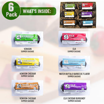 Shaffer Venison Farms Summer Sausage Gift Pack | Venison, Elk, Wild Boar | 6 Ounce Chubs | Pack of 6