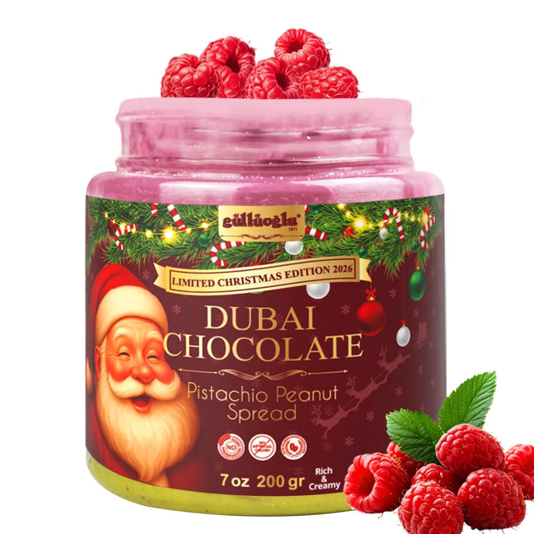 Gulluoglu Christmas Edition - Dubai Chocolate Pistachio Peanut Spread In Festive Holiday Jar | Limited Seasonal Gourmet Halal Dessert (Raspberry 7 Oz (200G))