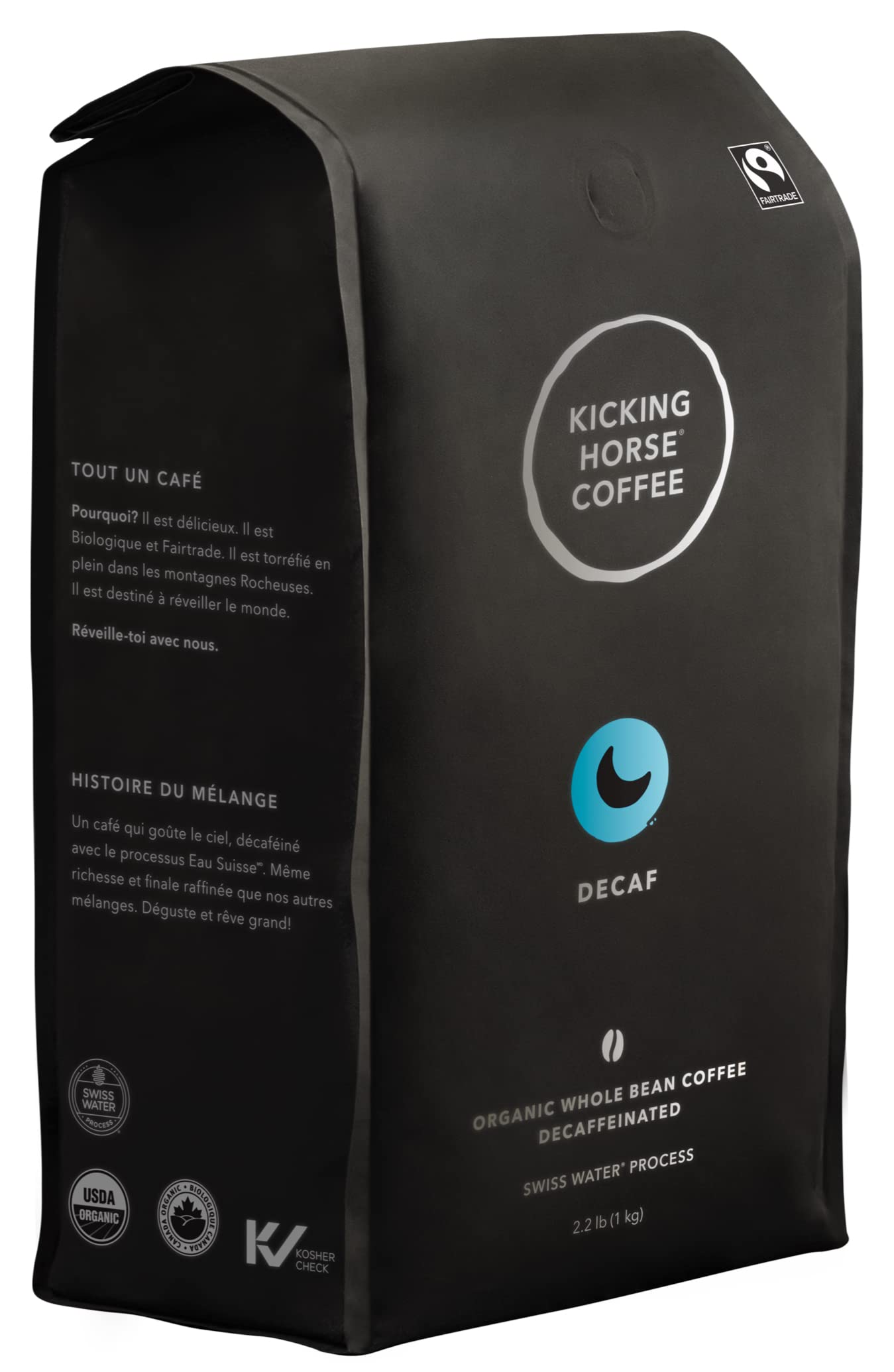 Kicking Horse Coffee Decaf, Swiss Water Process, Dark Roast, Whole Bean, Certified Organic, Fairtrade, Kosher, Black, 35.274 Oz,
