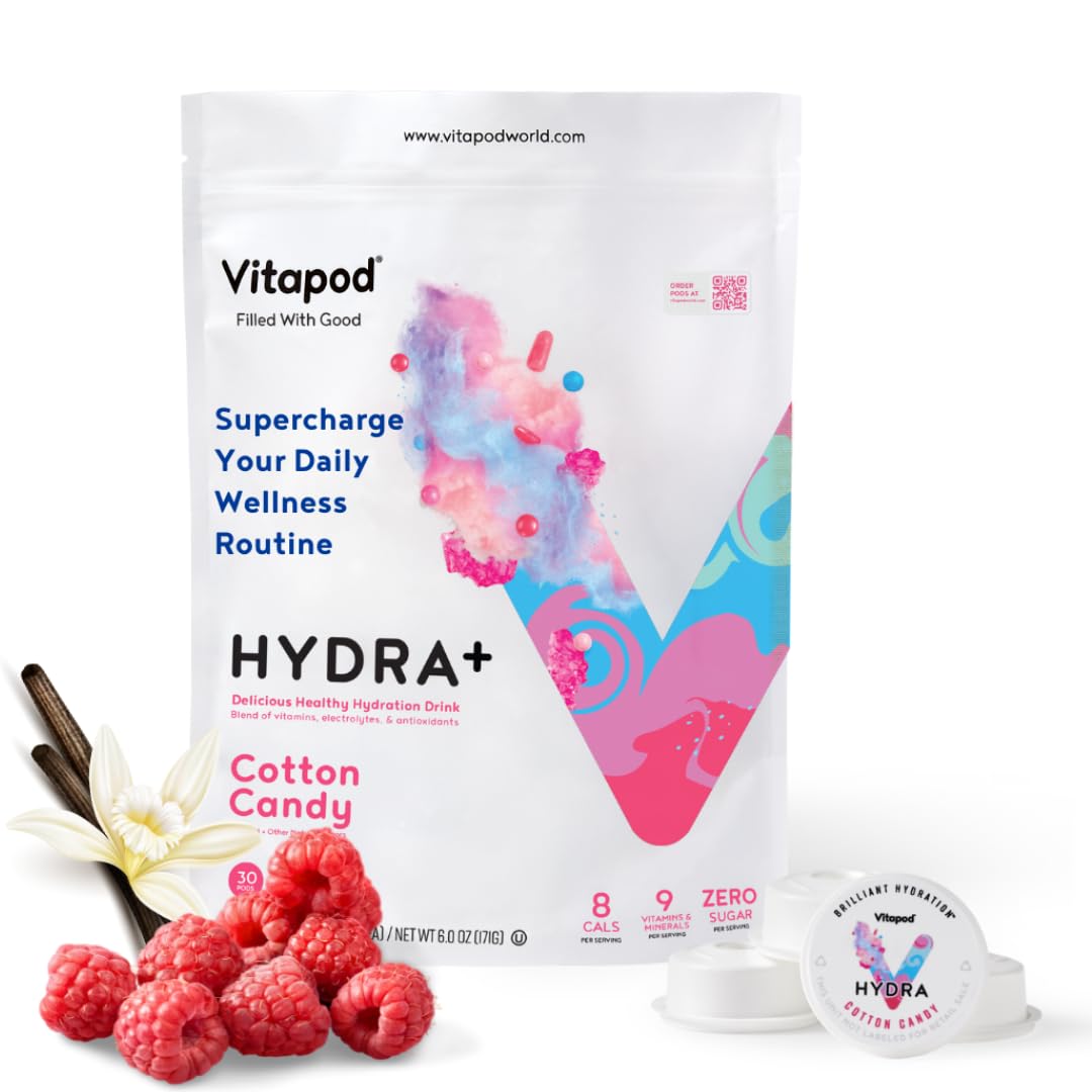 Vitapod Hydra+ Cotton Candy Hydration Mix - 30 Pods - Electrolytes, Antioxidants, Vitamin C, A, D, E - Beverage Enhancer